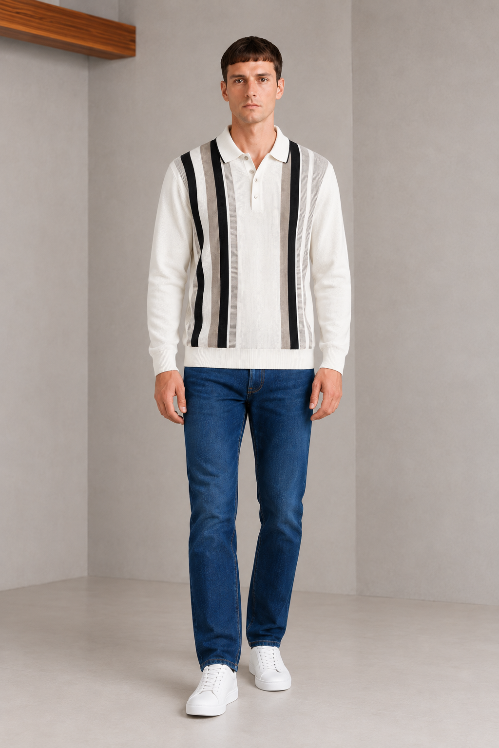 Men’s Off White Cotton Knitted Polo Sweater – Regular Fit Striped Full Sleeve Pullover