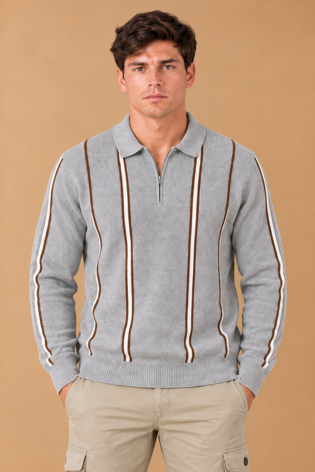Men’s Grey Melange Vislon Knitted Polo Sweater – Regular Fit Striped Quarter-Zip Full Sleeve Pullover