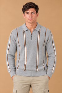 Men’s Grey Melange Knitted Polo Sweater – Regular Fit Striped Quarter-Zip Full Sleeve Pullover
