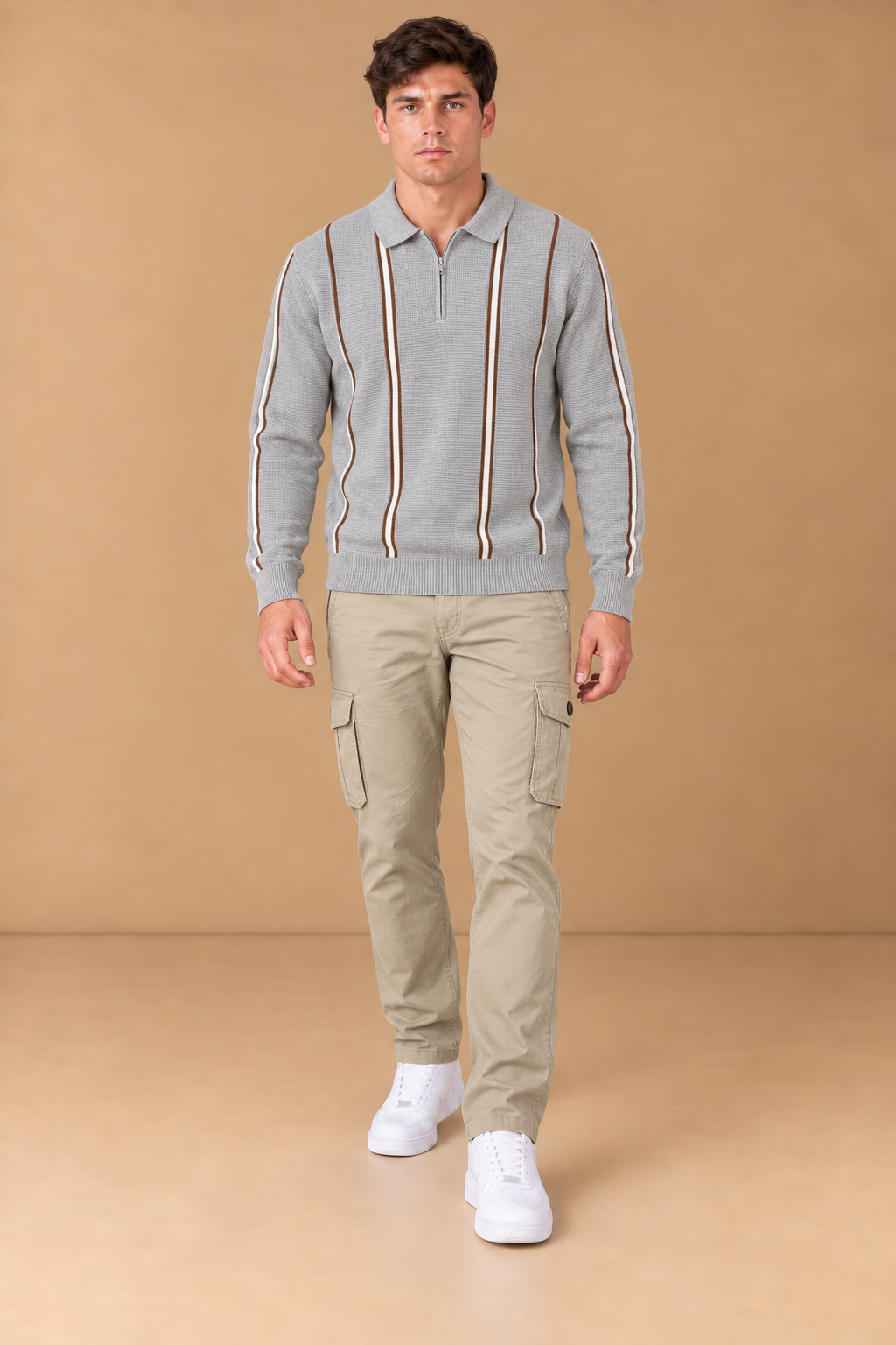 Men’s Grey Melange Vislon Knitted Polo Sweater – Regular Fit Striped Quarter-Zip Full Sleeve Pullover