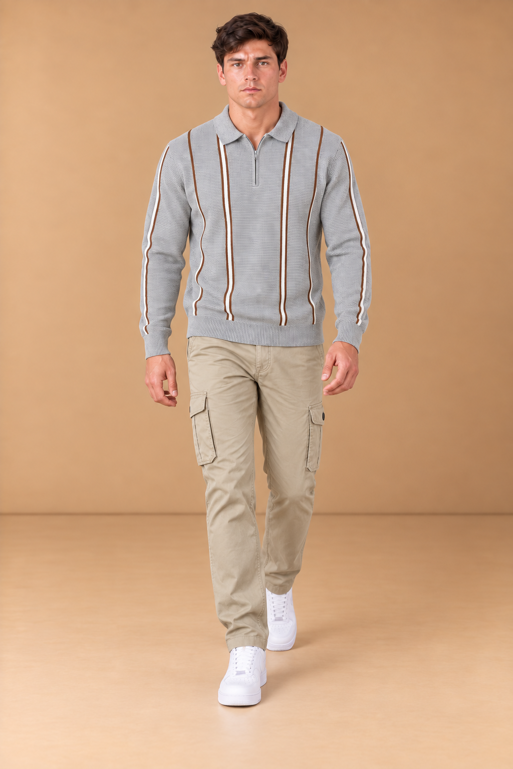 Men’s Grey Melange Vislon Knitted Polo Sweater – Regular Fit Striped Quarter-Zip Full Sleeve Pullover