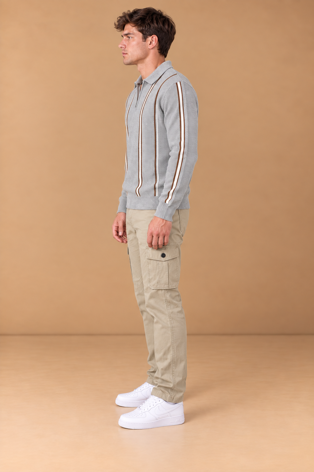 Men’s Grey Melange Vislon Knitted Polo Sweater – Regular Fit Striped Quarter-Zip Full Sleeve Pullover