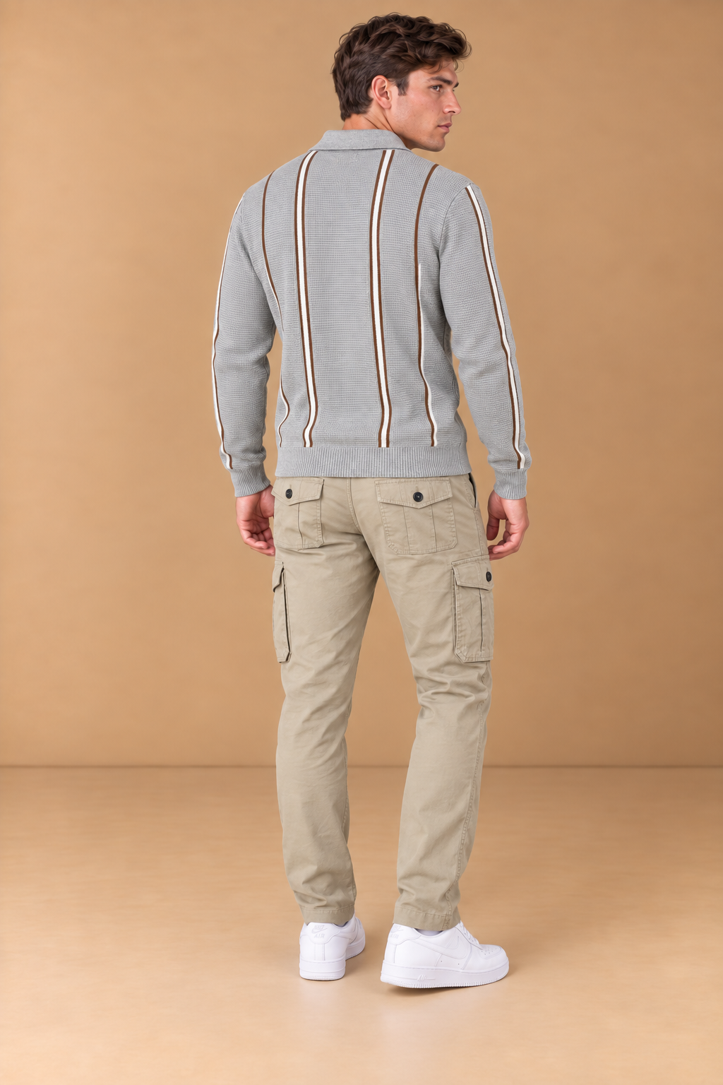 Men’s Grey Melange Vislon Knitted Polo Sweater – Regular Fit Striped Quarter-Zip Full Sleeve Pullover