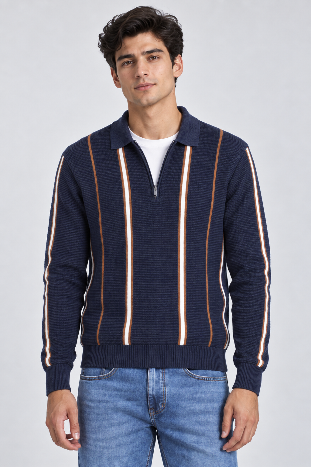 Men’s Regular Fit Knitted Half-Zip Striped Sweater – Navy