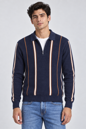 Men’s Regular Fit Knitted Half-Zip Striped Sweater – Navy