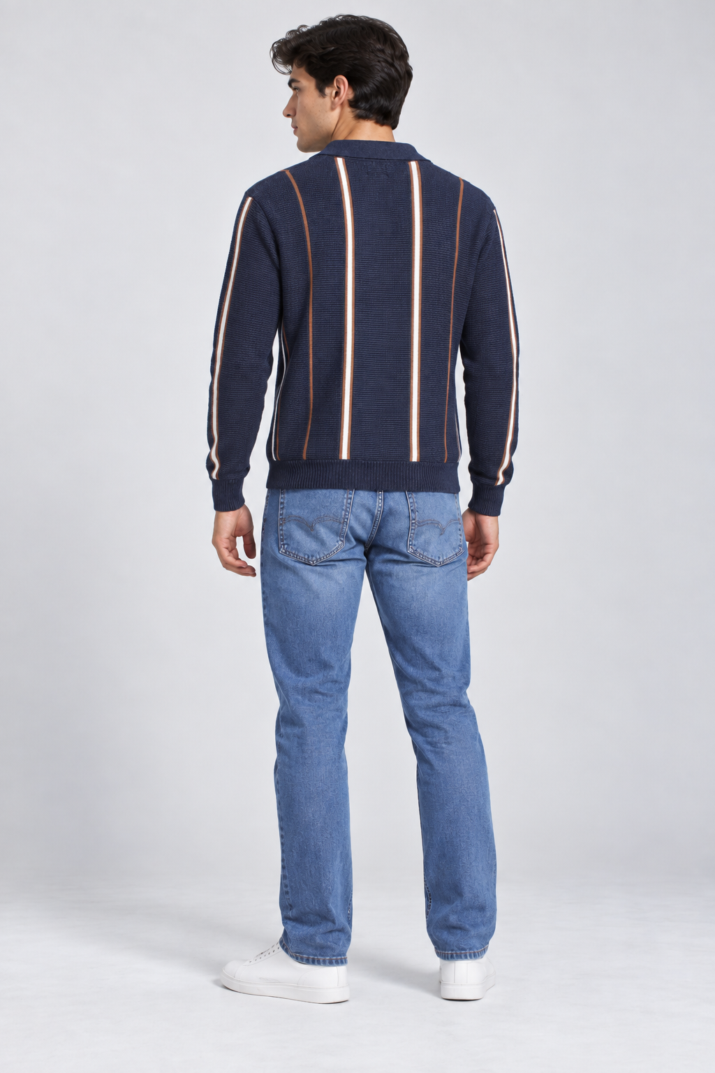 Men’s Regular Fit Knitted Half-Zip Striped Sweater – Navy