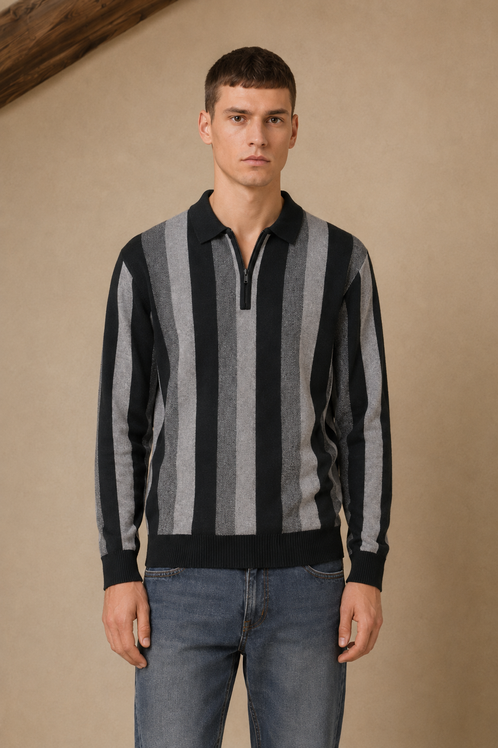 Men’s Black  Striped Polo Collar Half-Zip Kinitted Sweater – Regular Fit Full Sleeve Winter Pullover