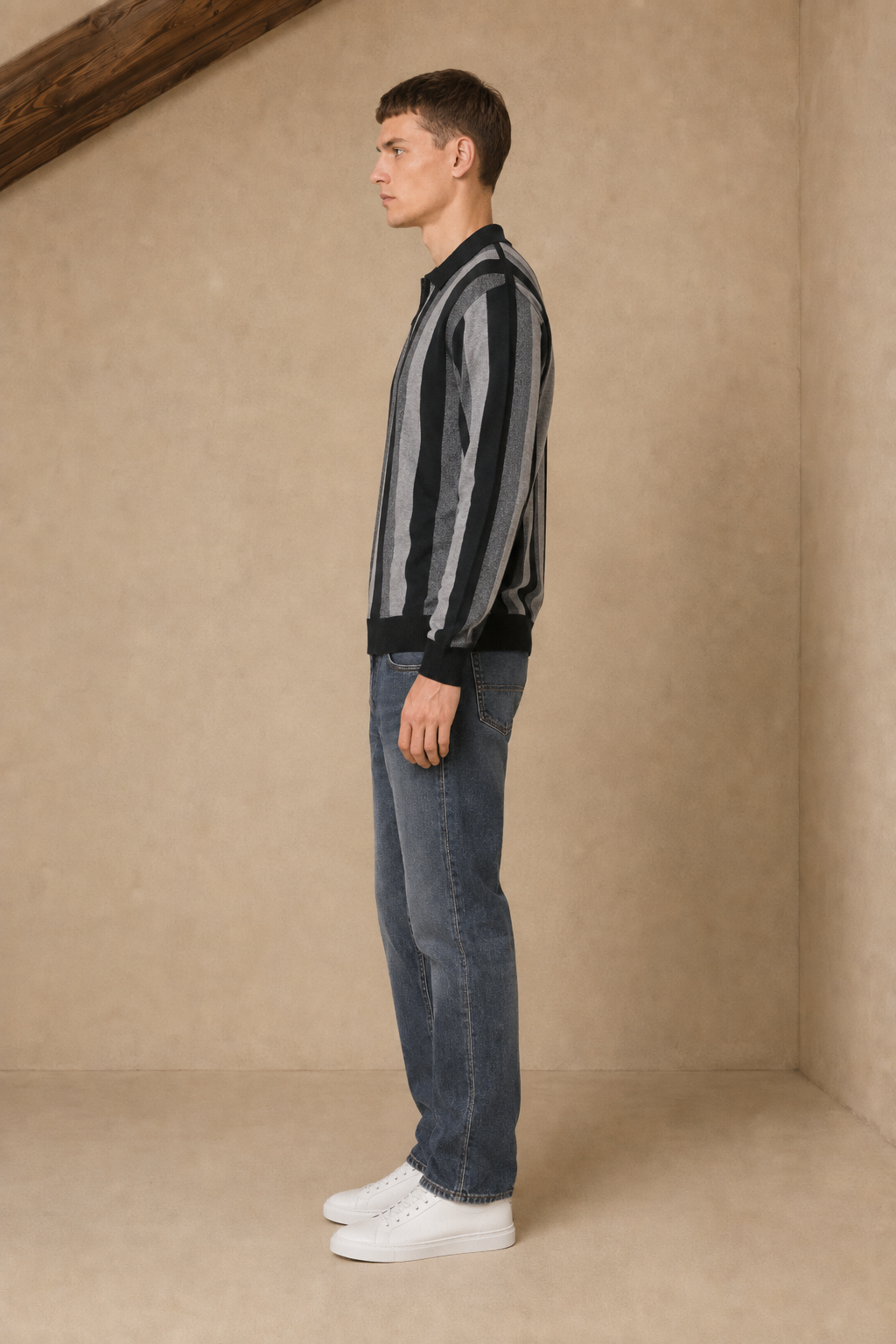 Men’s Black  Striped Polo Collar Half-Zip Kinitted Sweater – Regular Fit Full Sleeve Winter Pullover