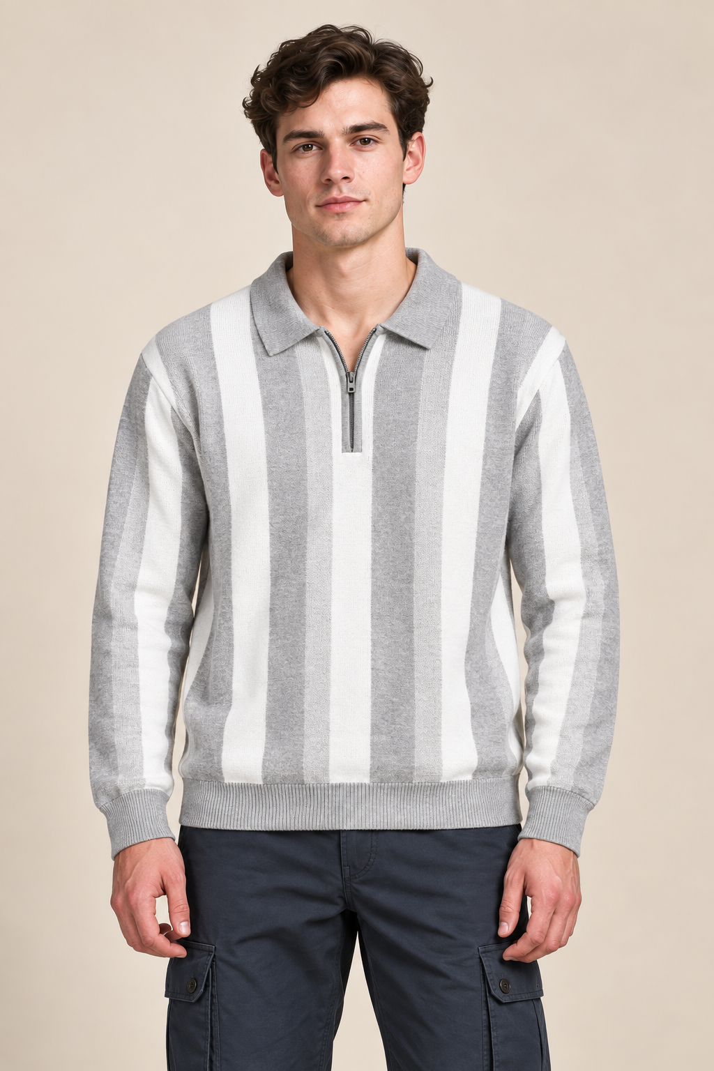 Men’s Grey Melange Knitted Polo Sweater – Regular Fit Vertical Striped Quarter-Zip Pullover