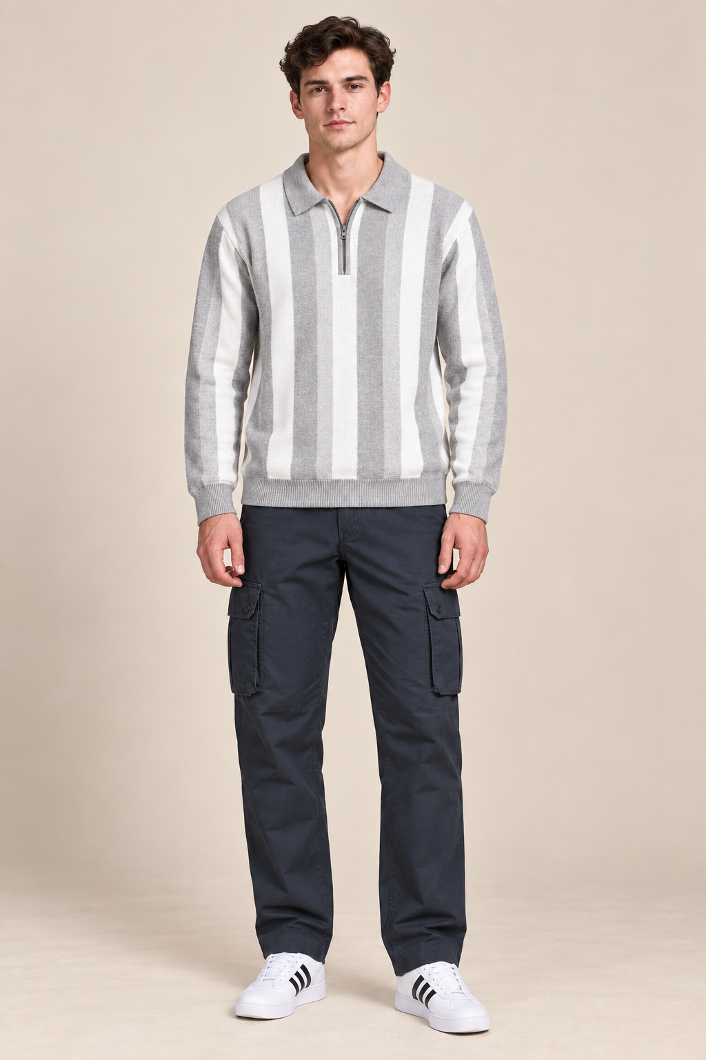 Men’s Grey Melange Knitted Polo Sweater – Regular Fit Vertical Striped Quarter-Zip Pullover