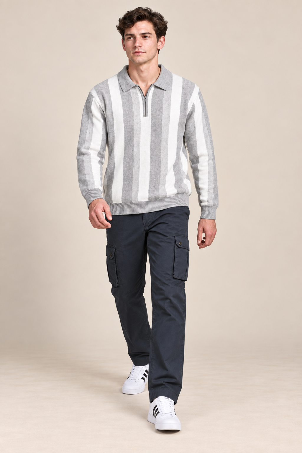 Men’s Grey Melange Knitted Polo Sweater – Regular Fit Vertical Striped Quarter-Zip Pullover