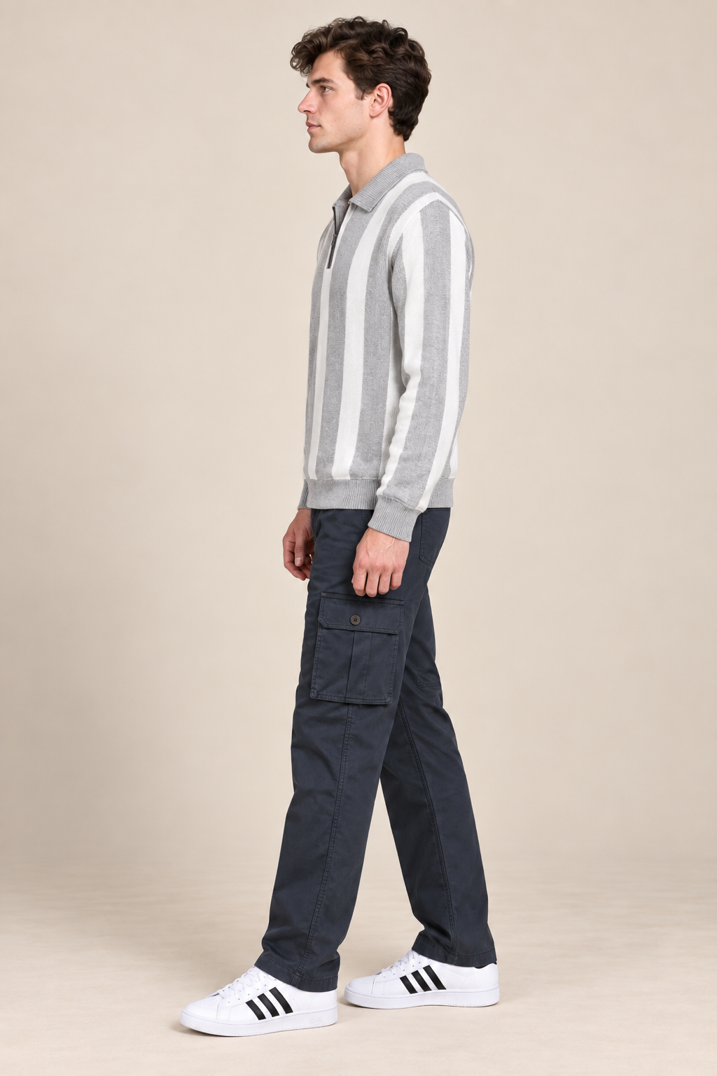 Men’s Grey Melange Knitted Polo Sweater – Regular Fit Vertical Striped Quarter-Zip Pullover