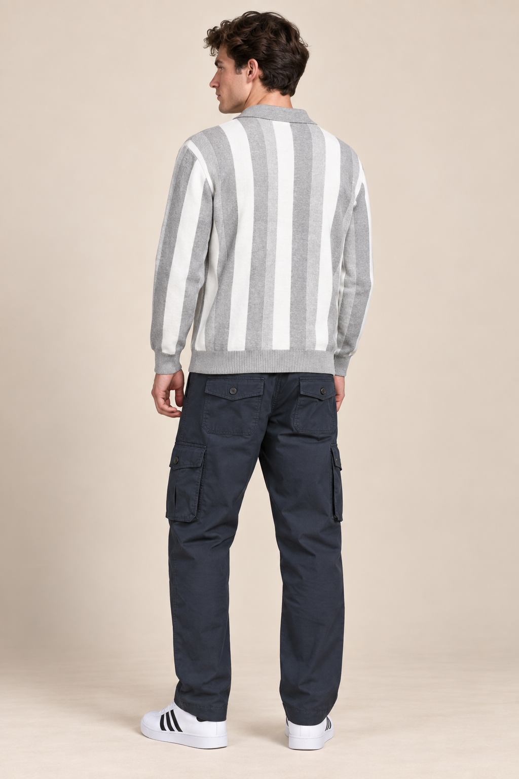 Men’s Grey Melange Knitted Polo Sweater – Regular Fit Vertical Striped Quarter-Zip Pullover