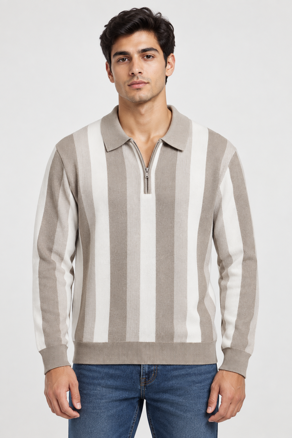 Men's Knitted Half-Zip Polo Sweater – Stone | Regular Fit
