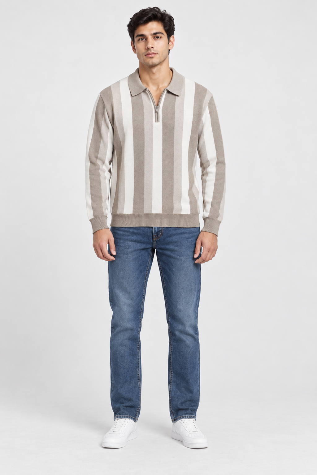 Men's Knitted Half-Zip Polo Sweater – Stone | Regular Fit