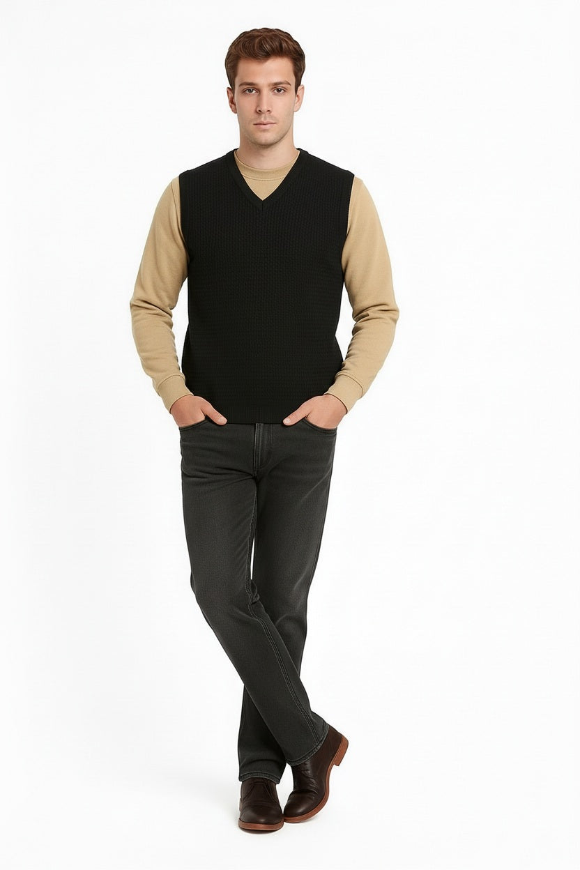 Men Black Solid V- Neck Sweater