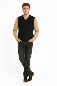 Men Black Solid V- Neck Sweater