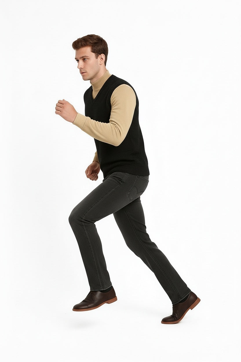 Men Black Solid V- Neck Sweater