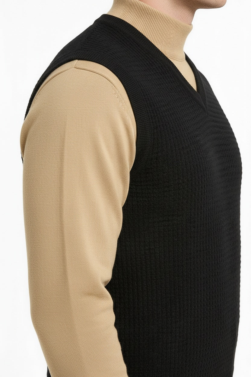 Men Black Solid V- Neck Sweater