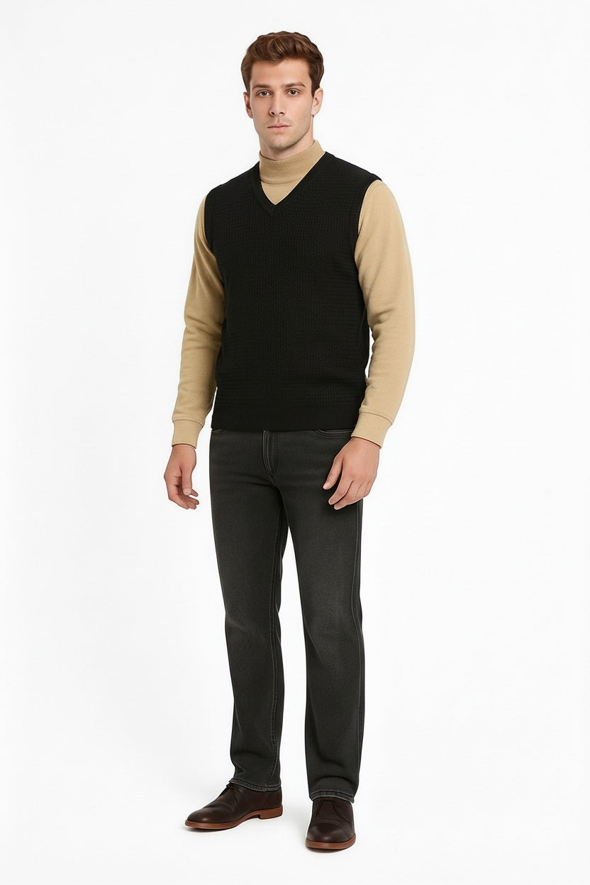 Men Black Solid V- Neck Sweater