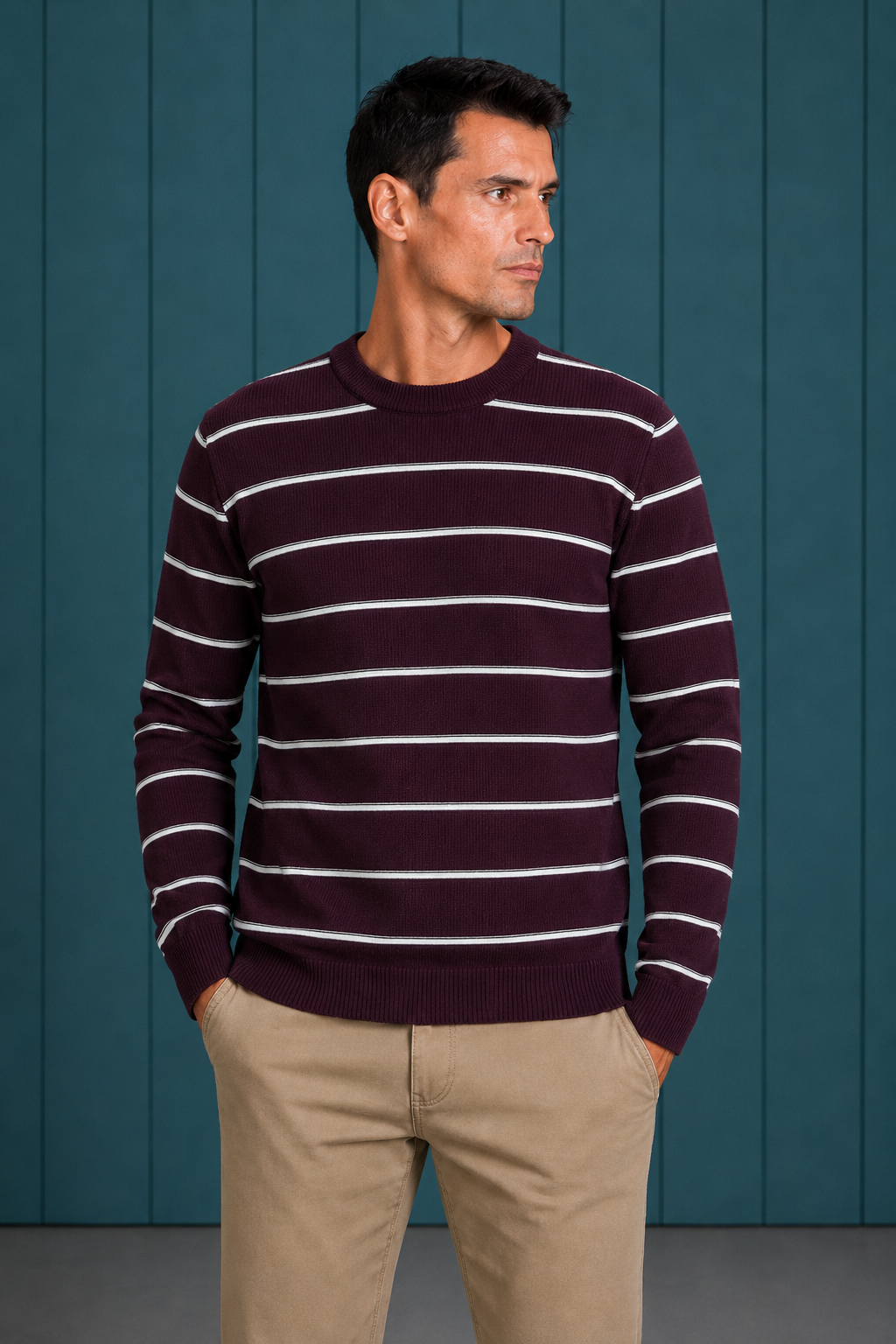 Men’s Dark Wine Cotton Striped Sweater – Regular Fit Crew Neck Full Sleeve Knitted Pullover