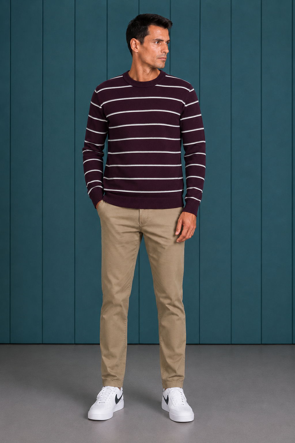 Men’s Dark Wine Cotton Striped Sweater – Regular Fit Crew Neck Full Sleeve Knitted Pullover