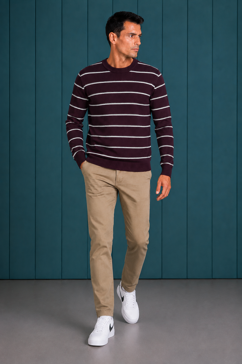 Men’s Dark Wine Cotton Striped Sweater – Regular Fit Crew Neck Full Sleeve Knitted Pullover