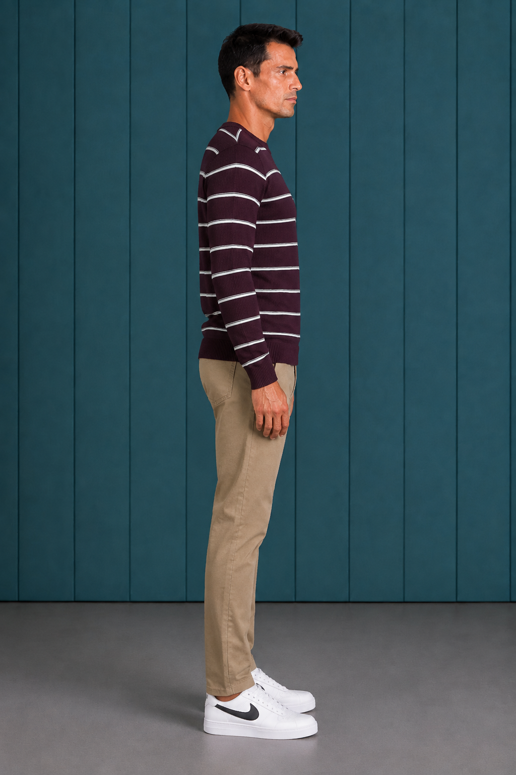 Men’s Dark Wine Cotton Striped Sweater – Regular Fit Crew Neck Full Sleeve Knitted Pullover