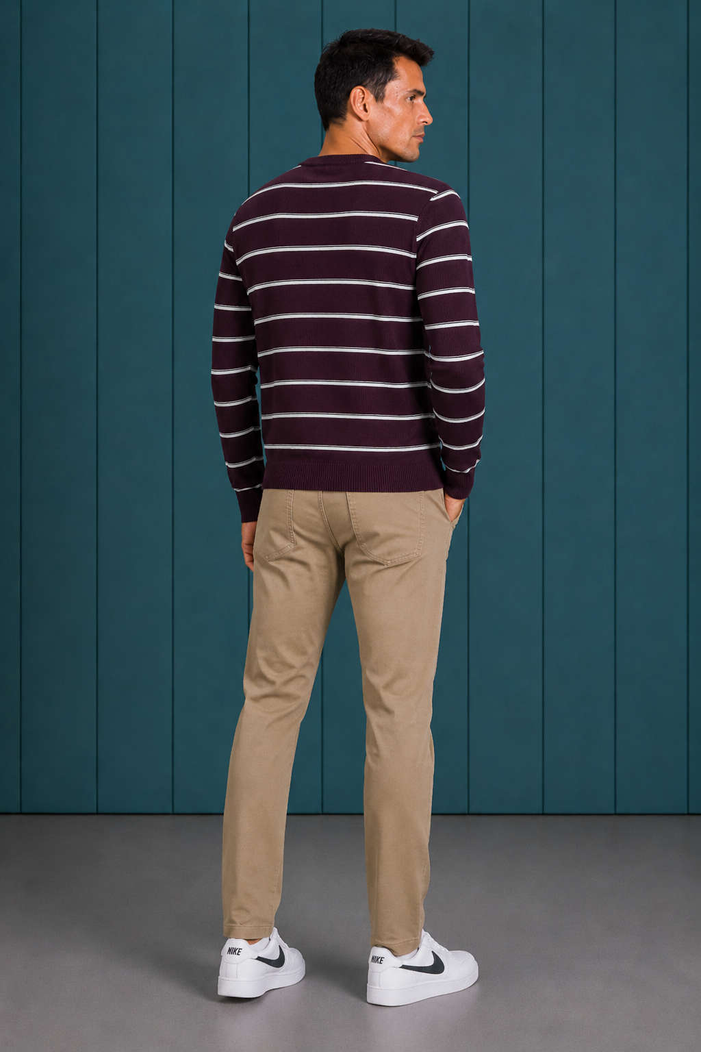 Men’s Dark Wine Cotton Striped Sweater – Regular Fit Crew Neck Full Sleeve Knitted Pullover