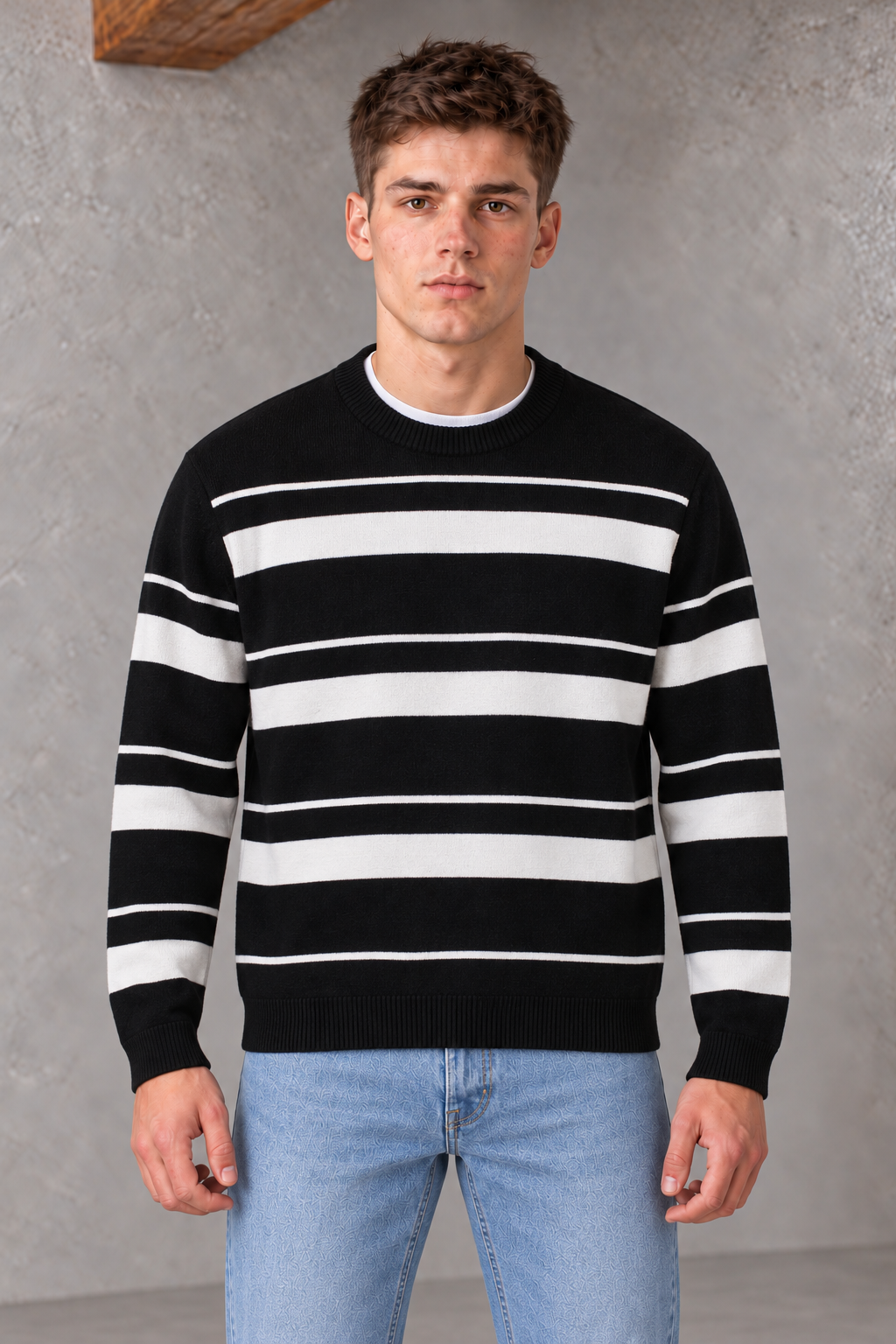 Men’s Black Striped Regular Fit Round Neck Knitted Sweater