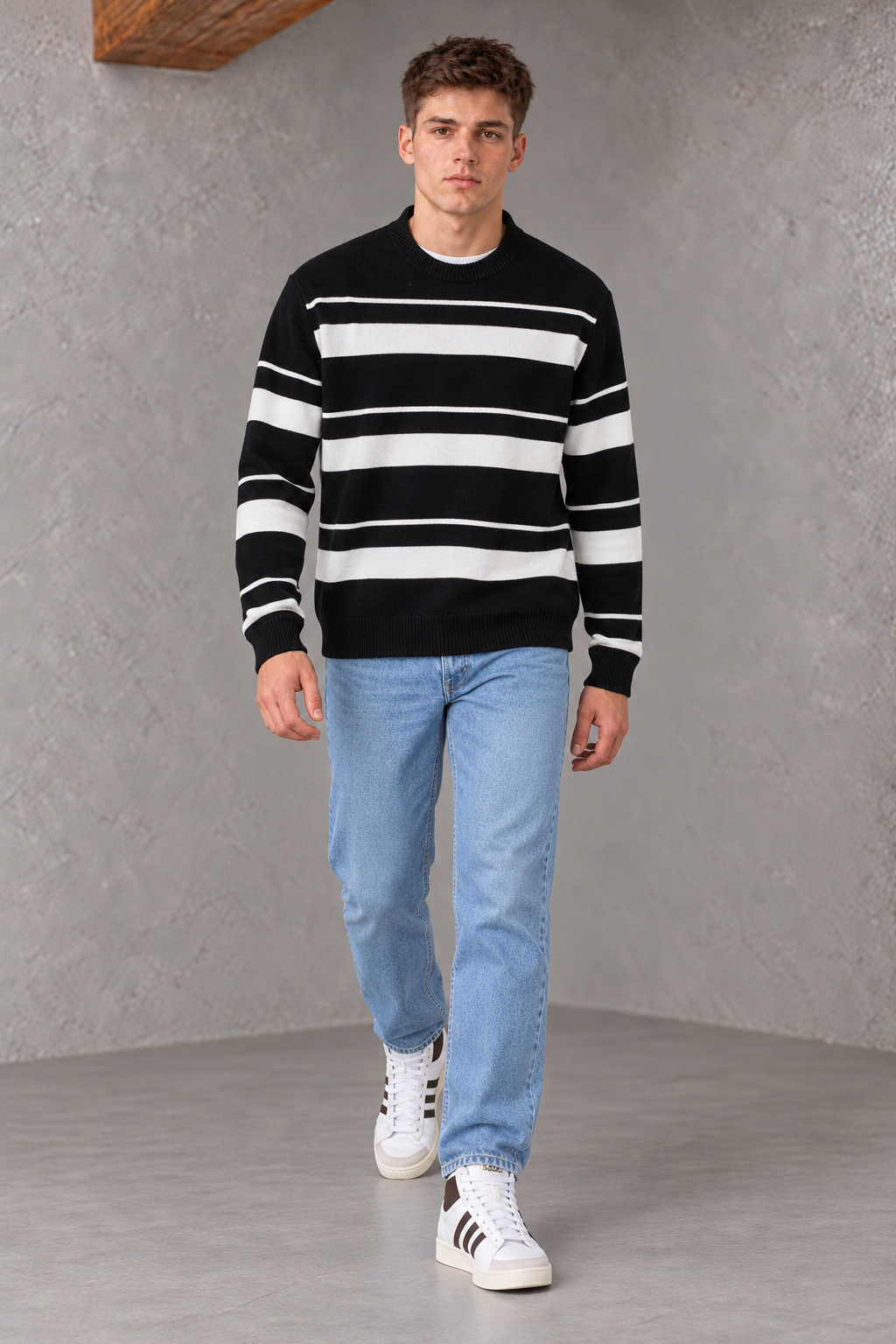 Men’s Black Striped Regular Fit Round Neck Knitted Sweater