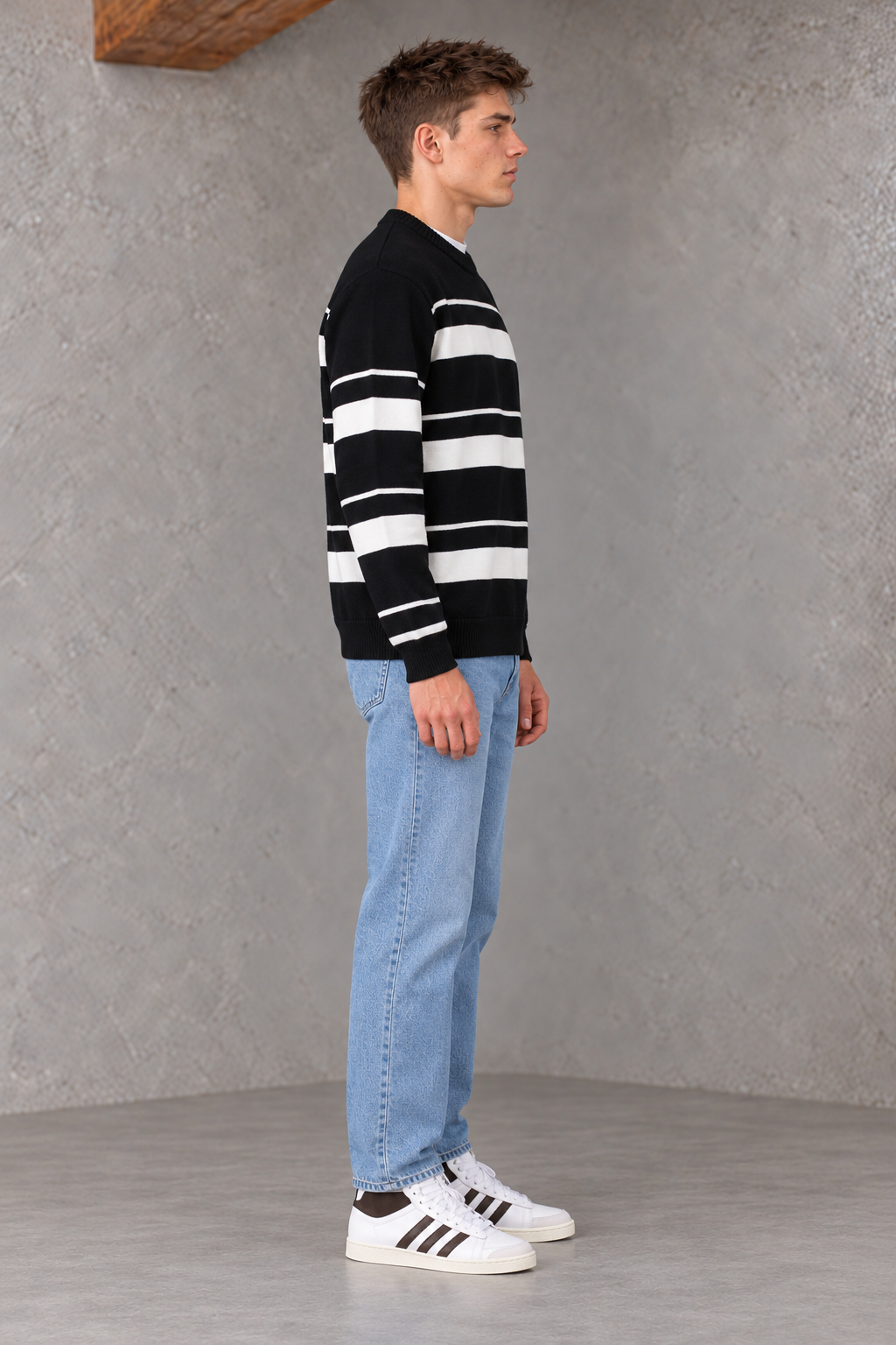 Men’s Black Striped Regular Fit Round Neck Knitted Sweater