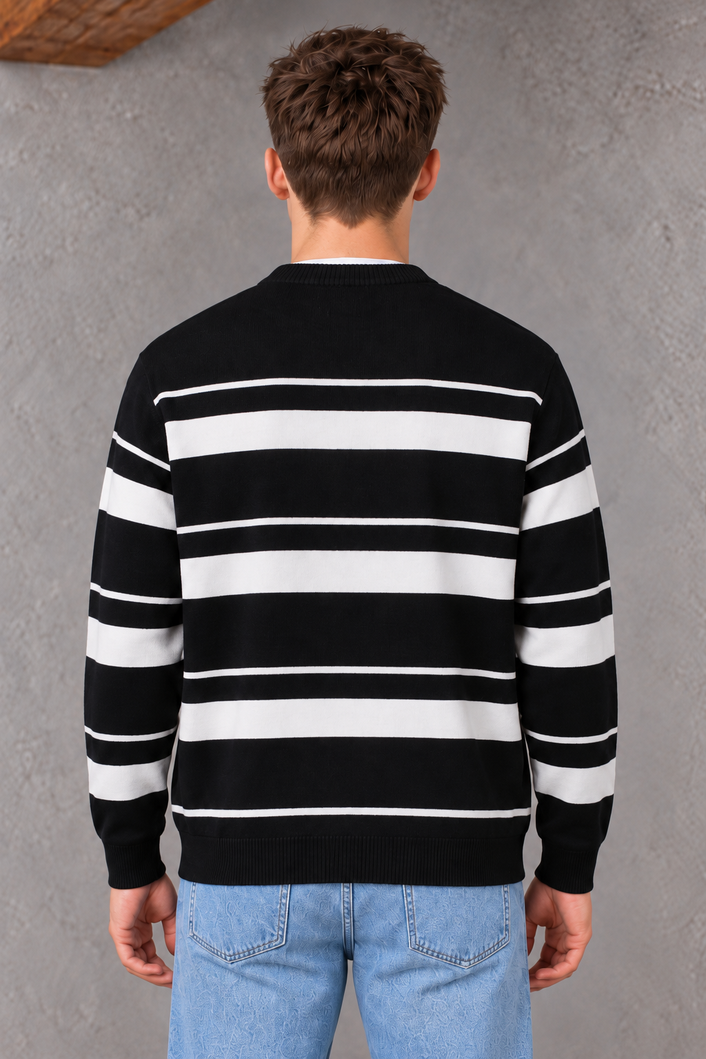 Men’s Black Striped Regular Fit Round Neck Knitted Sweater
