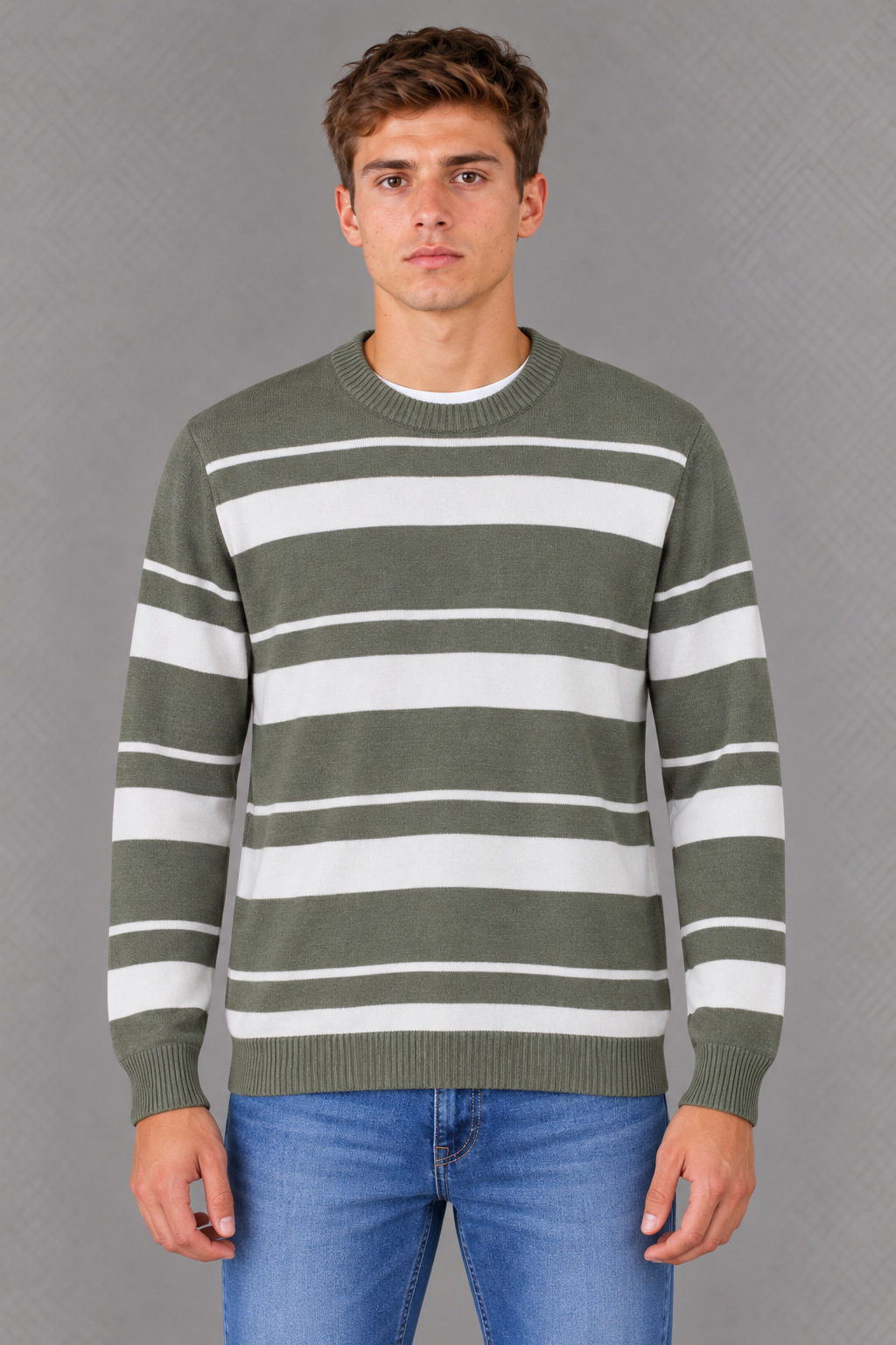 Men’s Desert Sage Striped Regular Fit Round Neck Knitted Sweater