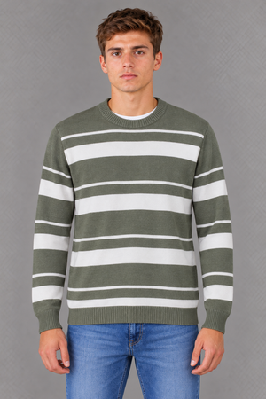 Men’s Desert Sage Striped Regular Fit Round Neck Knitted Sweater