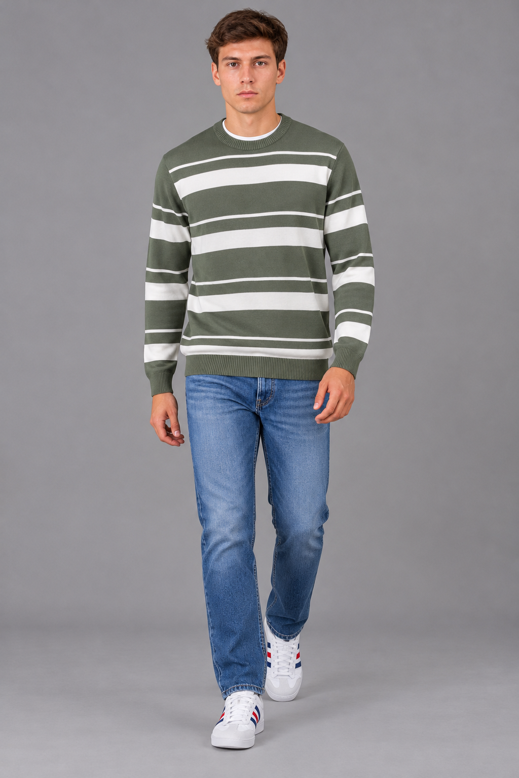 Men’s Desert Sage Striped Regular Fit Round Neck Knitted Sweater