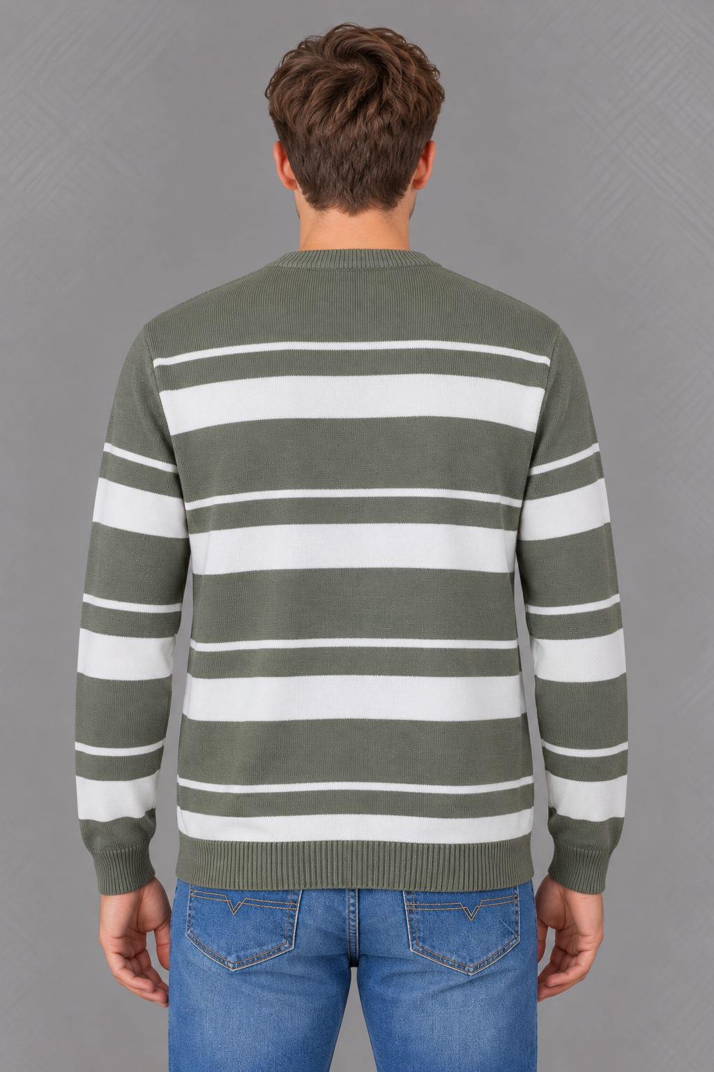 Men’s Desert Sage Striped Regular Fit Round Neck Knitted Sweater