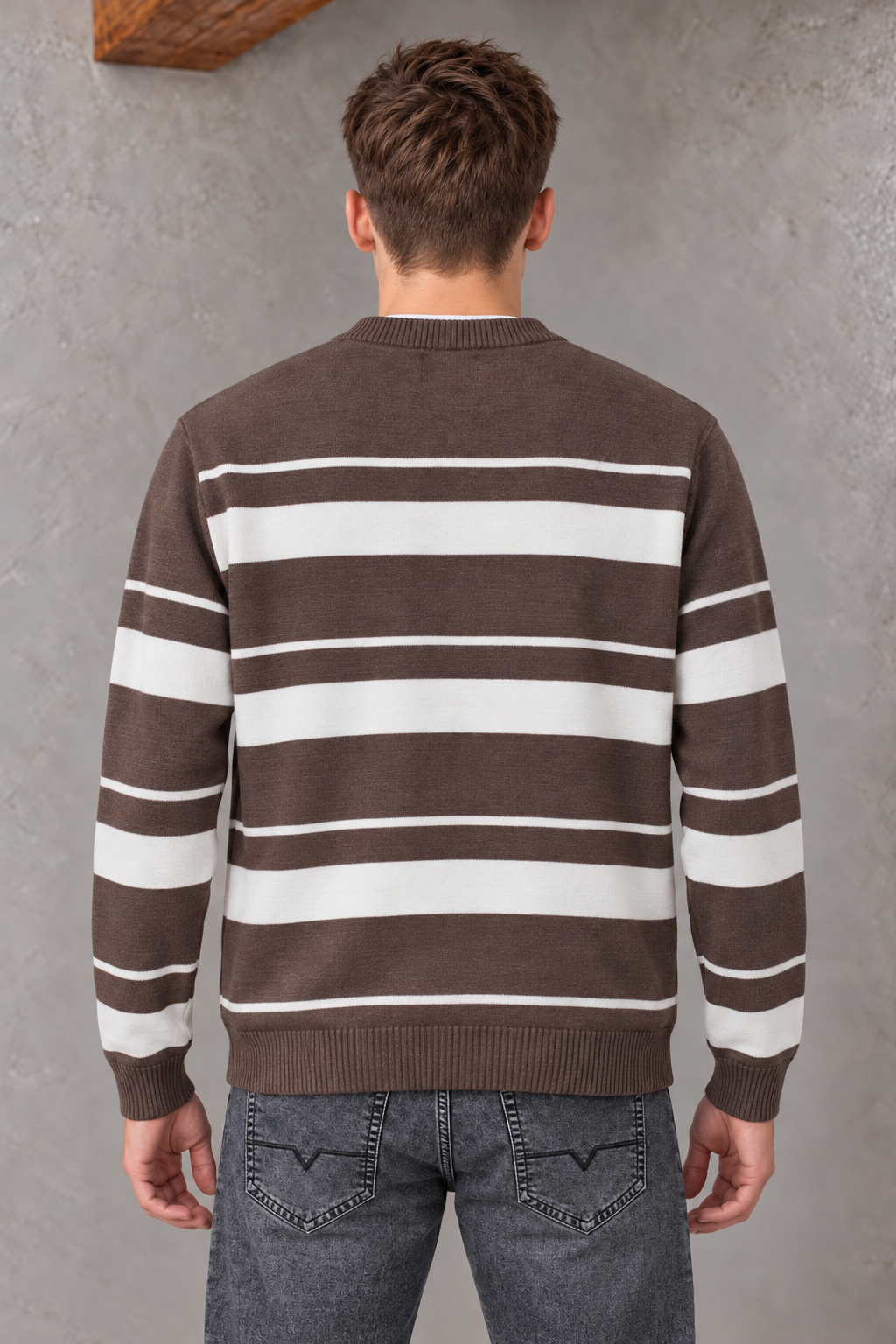 Men’s Mocha Striped Regular Fit Round Neck Knitted Sweater