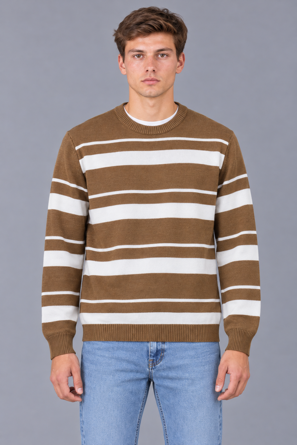 Men’s Tan Striped Regular Fit Round Neck Knitted Sweater