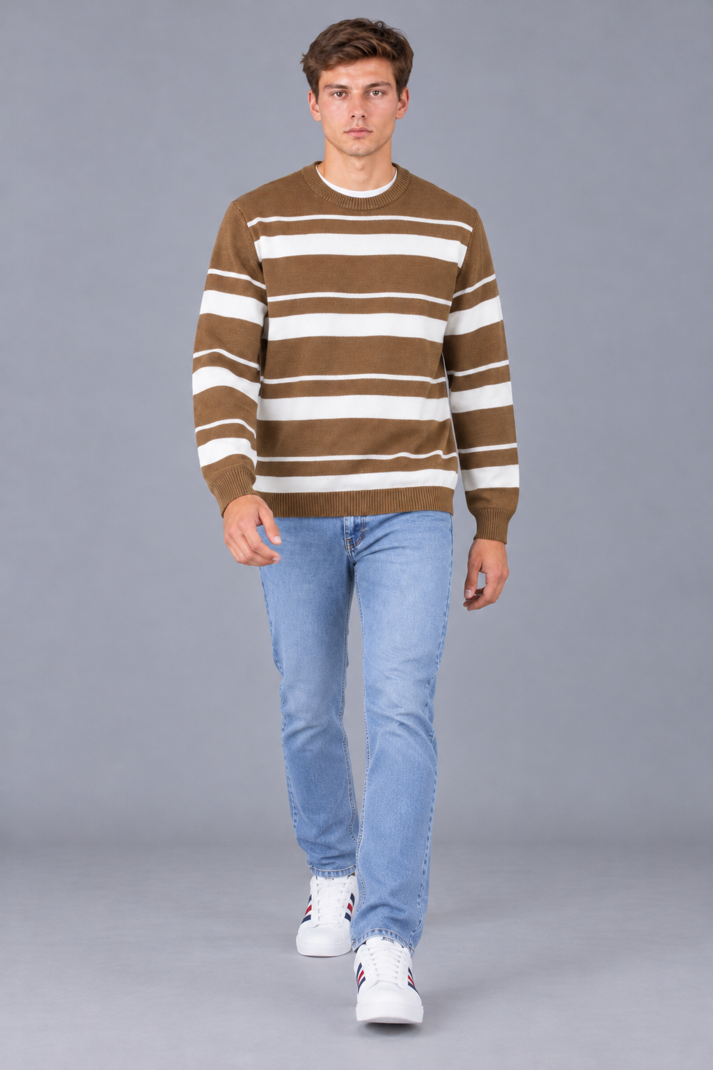 Men’s Tan Striped Regular Fit Round Neck Knitted Sweater
