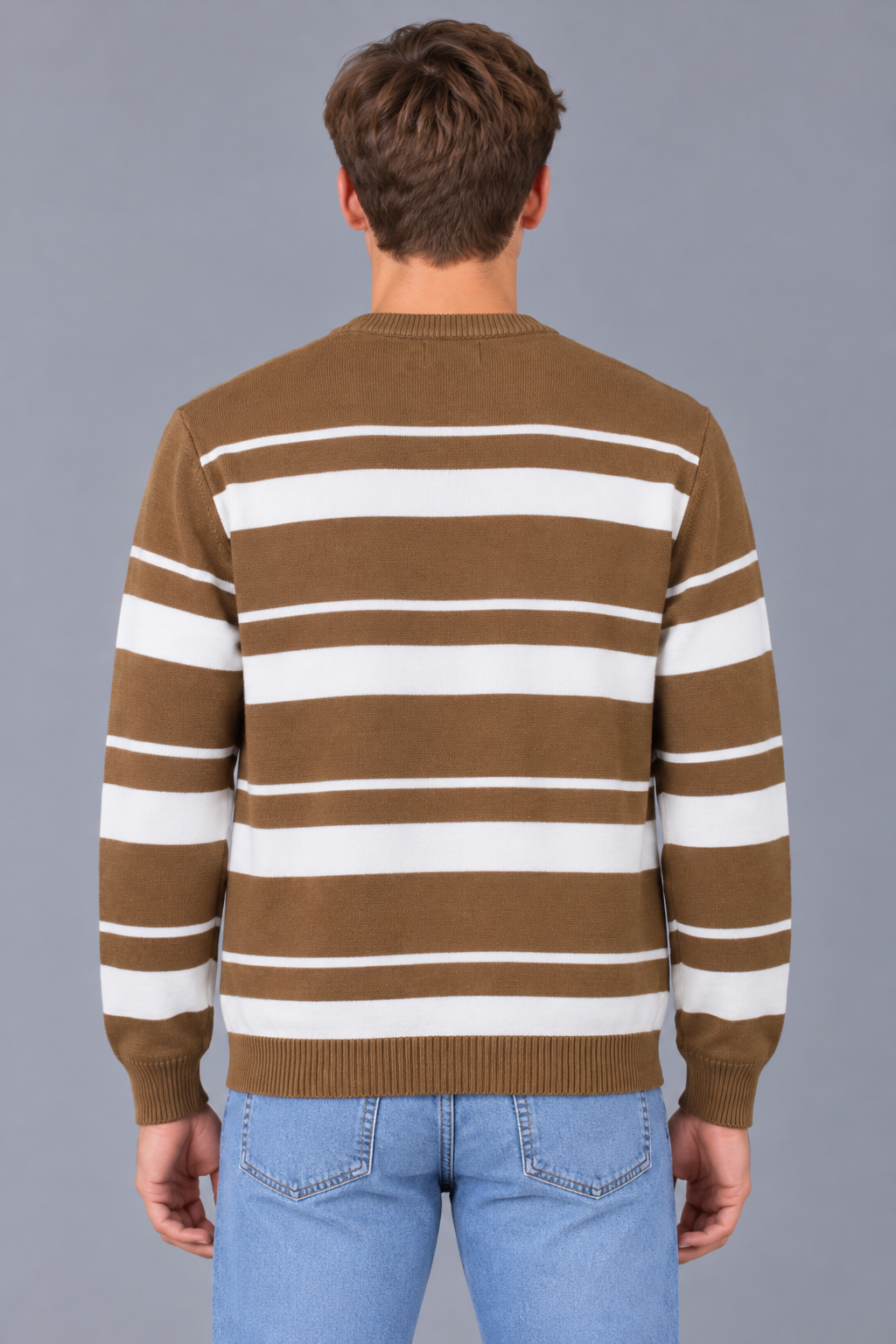 Men’s Tan Striped Regular Fit Round Neck Knitted Sweater