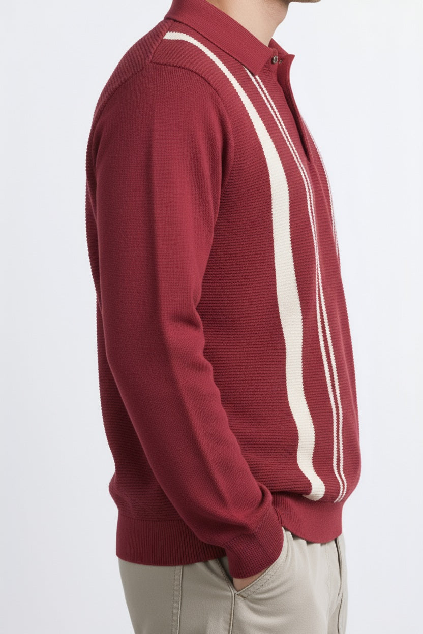 Men Merlot Striped Shirt collar Pullover Sweater