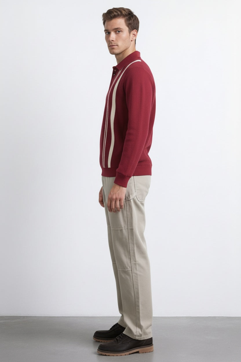 Men Merlot Striped Shirt collar Pullover Sweater
