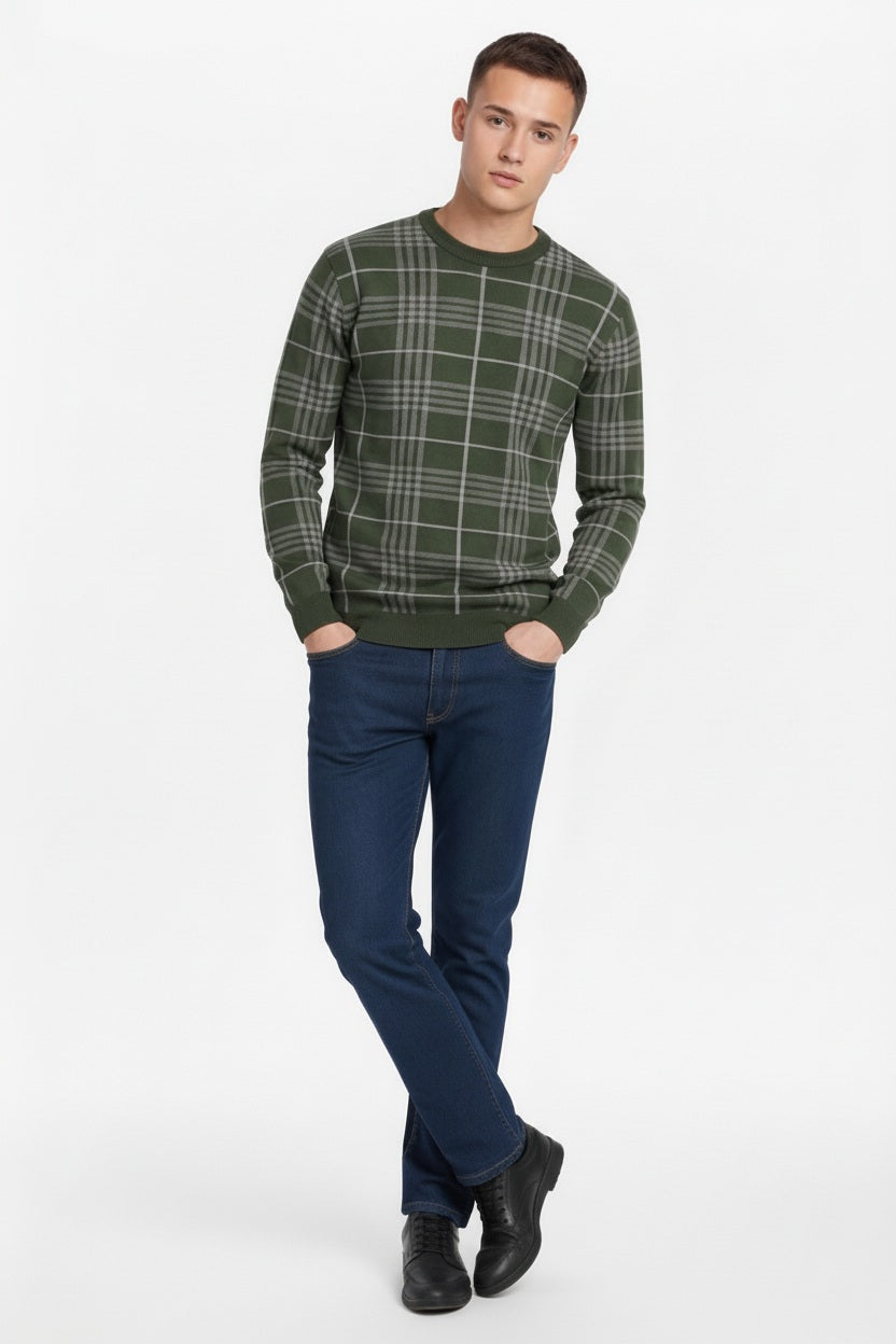 Men Checked Round Neck Sweater