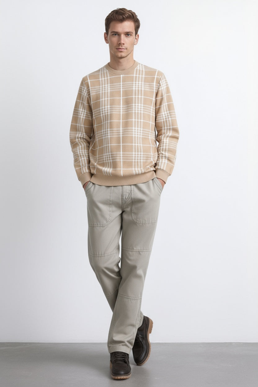 Men Stone Checked Round Neck Pullover Sweater