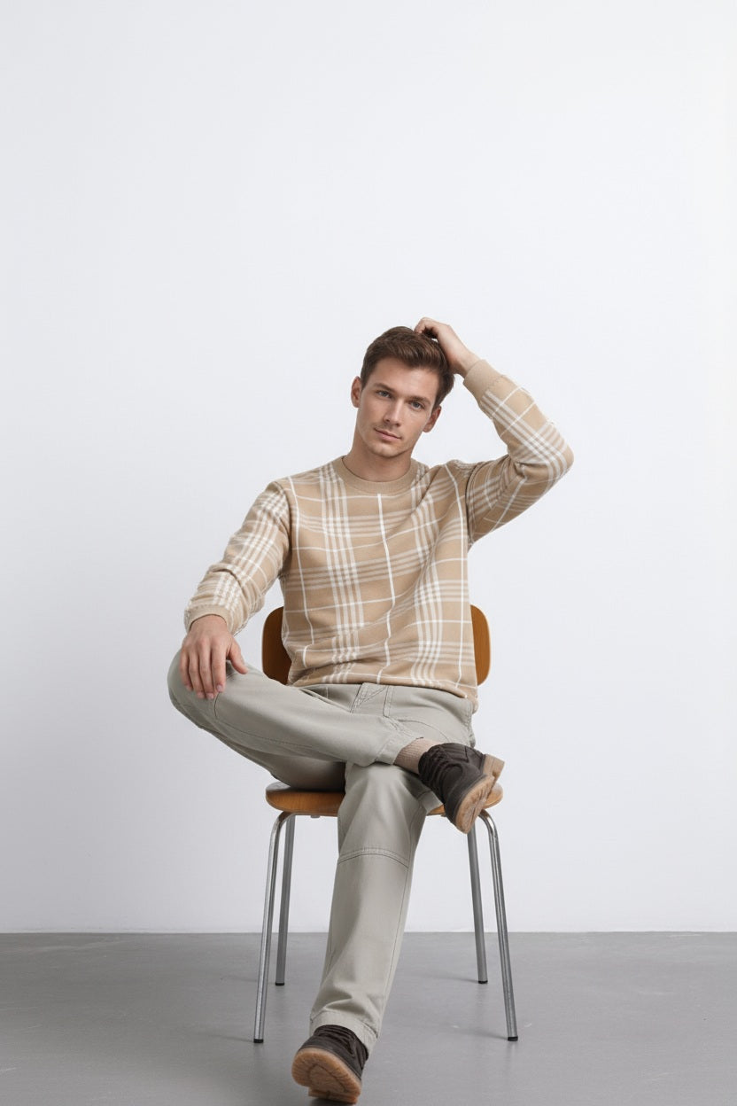 Men Stone Checked Round Neck Pullover Sweater