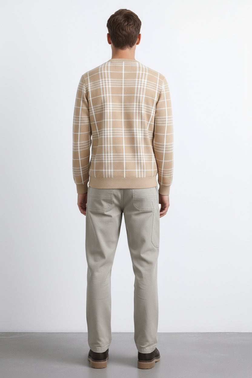 Men Stone Checked Round Neck Pullover Sweater