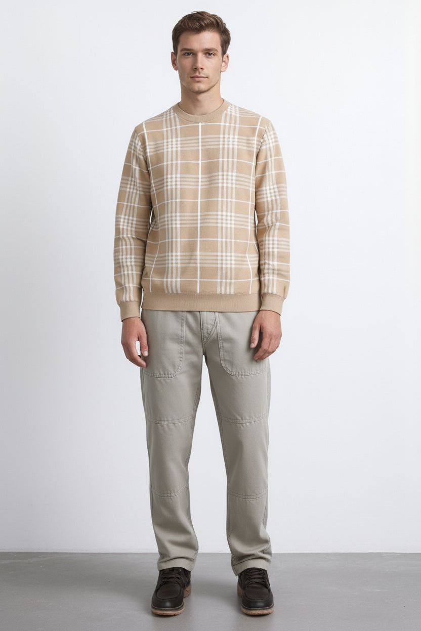 Men Stone Checked Round Neck Pullover Sweater