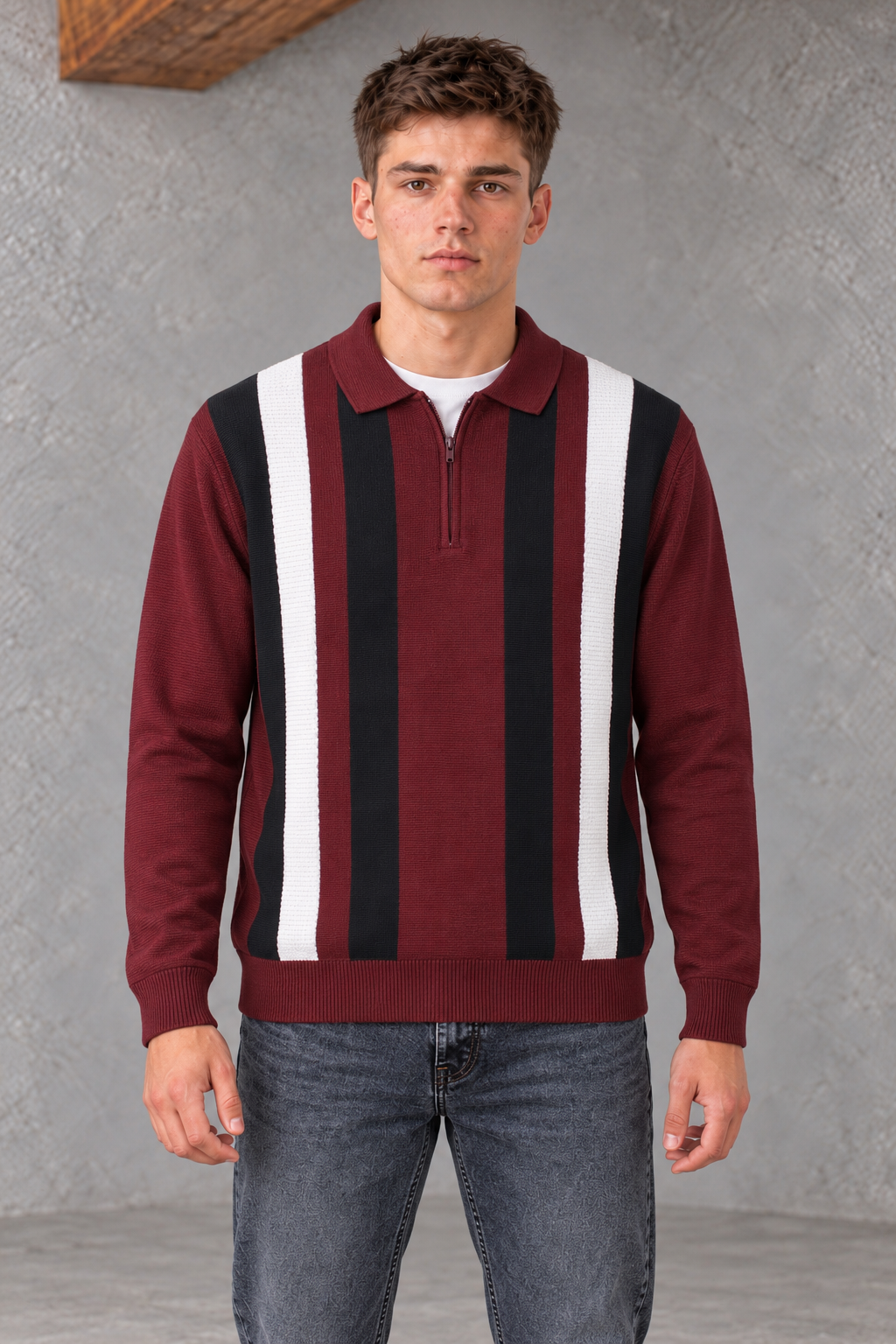 Men’s Merlot Striped Regular Fit Cotton Knitted Polo Sweater