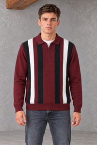 Men’s Merlot Striped Regular Fit Cotton Knitted Polo Sweater